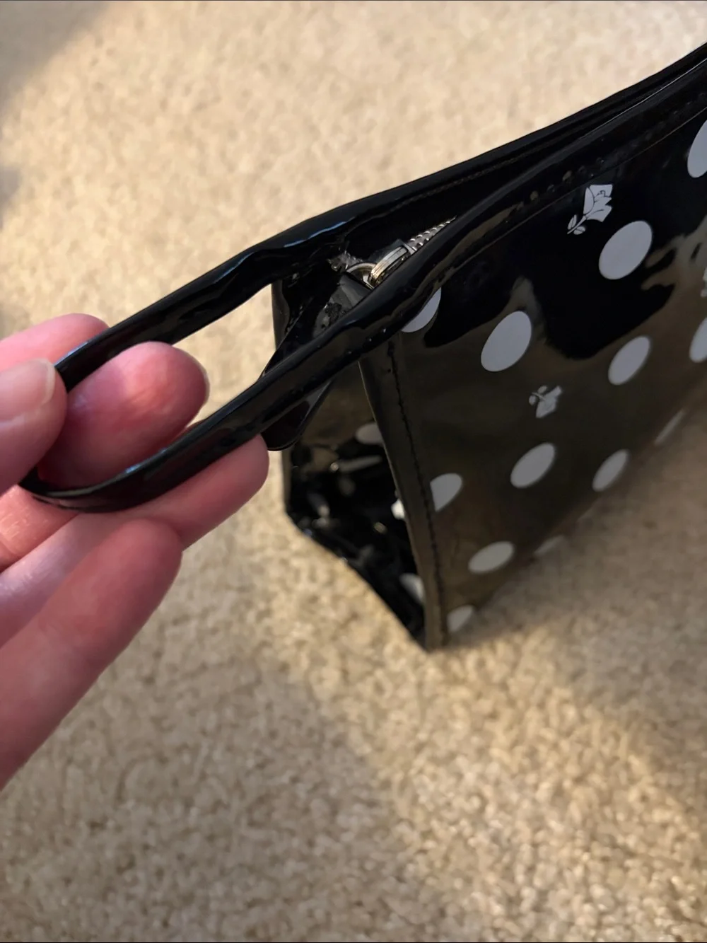 Lancome Black & White Rose Polka Dot Glossy Wristlet Pouch/Cosmetic Bag NWOT
